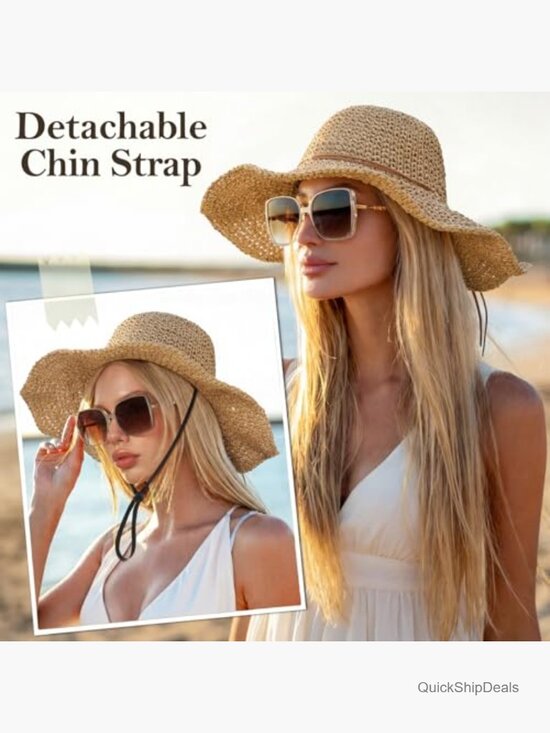 Floppy Wide Brim Straw Sun Hat with Drawstring, Foldable Packable Roll up Beach